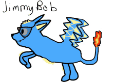 a drawing of a blue dog with the name jimmy bob written below it