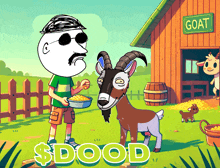 a cartoon of a man feeding a goat in front of a barn that says goat on it