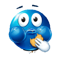 a blue smiley face eating a cookie with crumbs on it