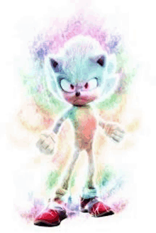 a painting of sonic the hedgehog from the movie sonic the hedgehog standing in front of a rainbow background .