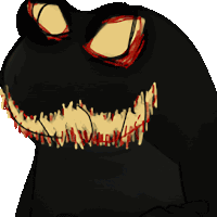 a drawing of a black monster with red eyes and teeth on a white background