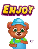 a teddy bear wearing overalls and a blue hat with the word enjoy above him