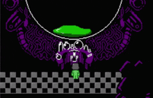 a pixel art of a person standing on a checkered floor with a green object in the background .