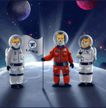 three doge astronauts holding a laika flag