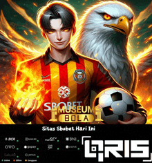 an advertisement for situs sbobet hari ini shows a man holding a soccer ball in front of an eagle