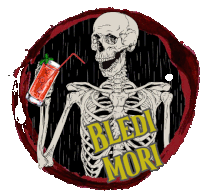 a skeleton is holding a drink with a straw and the words bledi mori below it