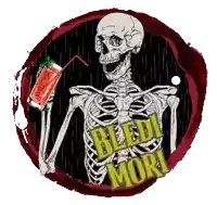 a skeleton is holding a drink with a straw and the words bledi mori below it