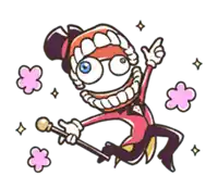 a cartoon character with big teeth is holding a cane and pointing