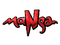 a red and black logo that says manga on a white background