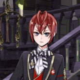 a cartoon character with red hair and a black and white bow tie