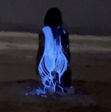 a woman in a glow in the dark dress is standing on a beach .