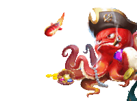 a red octopus wearing a pirate hat is holding a treasure basket