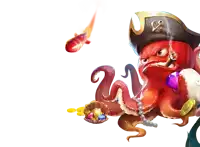 a red octopus wearing a pirate hat is holding a treasure basket