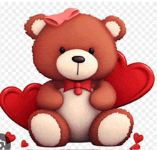 a teddy bear with a pink bow on its head is sitting next to red hearts