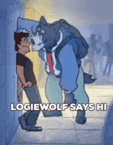 a cartoon of a wolf standing next to a man in a hallway and says logiewolf says hi