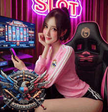 a woman sitting in front of a computer with a slot machine behind her