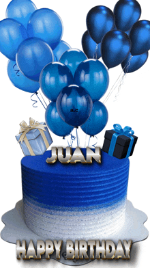 a blue birthday cake with the name juan on it