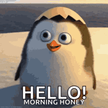 a picture of a penguin with the words hello morning honey on it