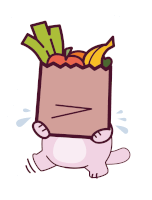 a cartoon drawing of a cat carrying a paper bag full of fruits and vegetables