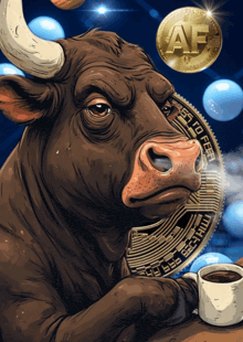 a bull holding a cup of coffee and a coin that says af