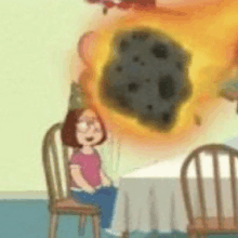 a cartoon character is sitting at a table with a party hat on her head and a huge explosion behind her .