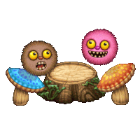 a couple of monsters sitting on a tree stump with mushrooms