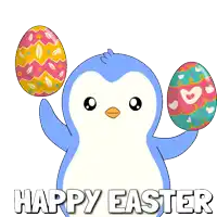 a penguin is holding up two easter eggs and the words happy easter are below it