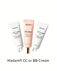 three tubes of madamfi cc cream and bb cream on a white background