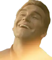 a close up of a man laughing with a yellow background
