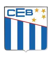 a blue and white striped emblem with the word ceb on the top