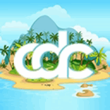 a cartoon illustration of a tropical island with the letters cc in the foreground