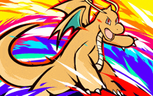 a colorful drawing of a dragon with a rainbow background