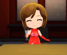a girl in a red dress is holding a glass of wine