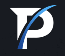 a white letter p with a blue arrow on a black background