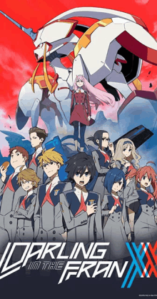 a poster for darling in the franxx shows a group of anime characters standing next to each other