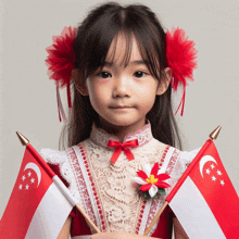 a little girl with a flower in her hair holds two flags