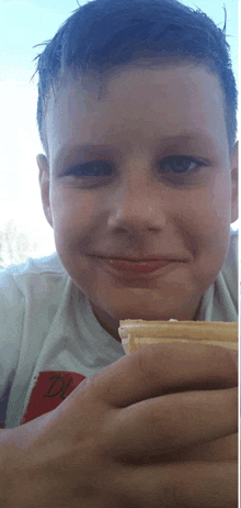 a young boy wearing a white shirt with the letter d on it smiles while holding an ice cream cone