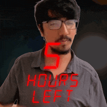 a man wearing glasses and a shirt that says " 5 hours left "