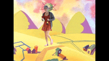 a woman in a leopard print dress is walking through a cartoon landscape