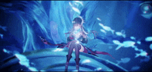 a girl is sitting in a dark room with fish swimming in the background