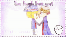 a postcard that says live laugh love yuri with a picture of two people