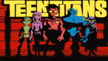 a group of teen titans standing next to each other on a poster