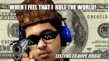 a man wearing sunglasses and headphones holding a gun in front of a dollar bill