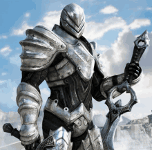 a knight in armor is holding a sword in front of a cloudy sky