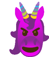 a purple unicorn with a rainbow horn has an angry face