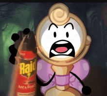 a cartoon character is holding a raid ant and roach spray