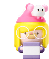 a cartoon character wearing glasses and a pink hat is holding a purple and white block