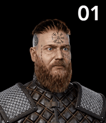 a man with a beard has a tattoo on his forehead and the number 01 behind him