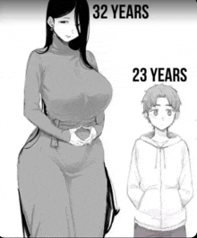 a black and white drawing of a woman and a boy with the words `` 32 years '' and `` 23 years '' .