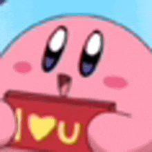 kirby is holding a sign that says `` i love you '' in his mouth .